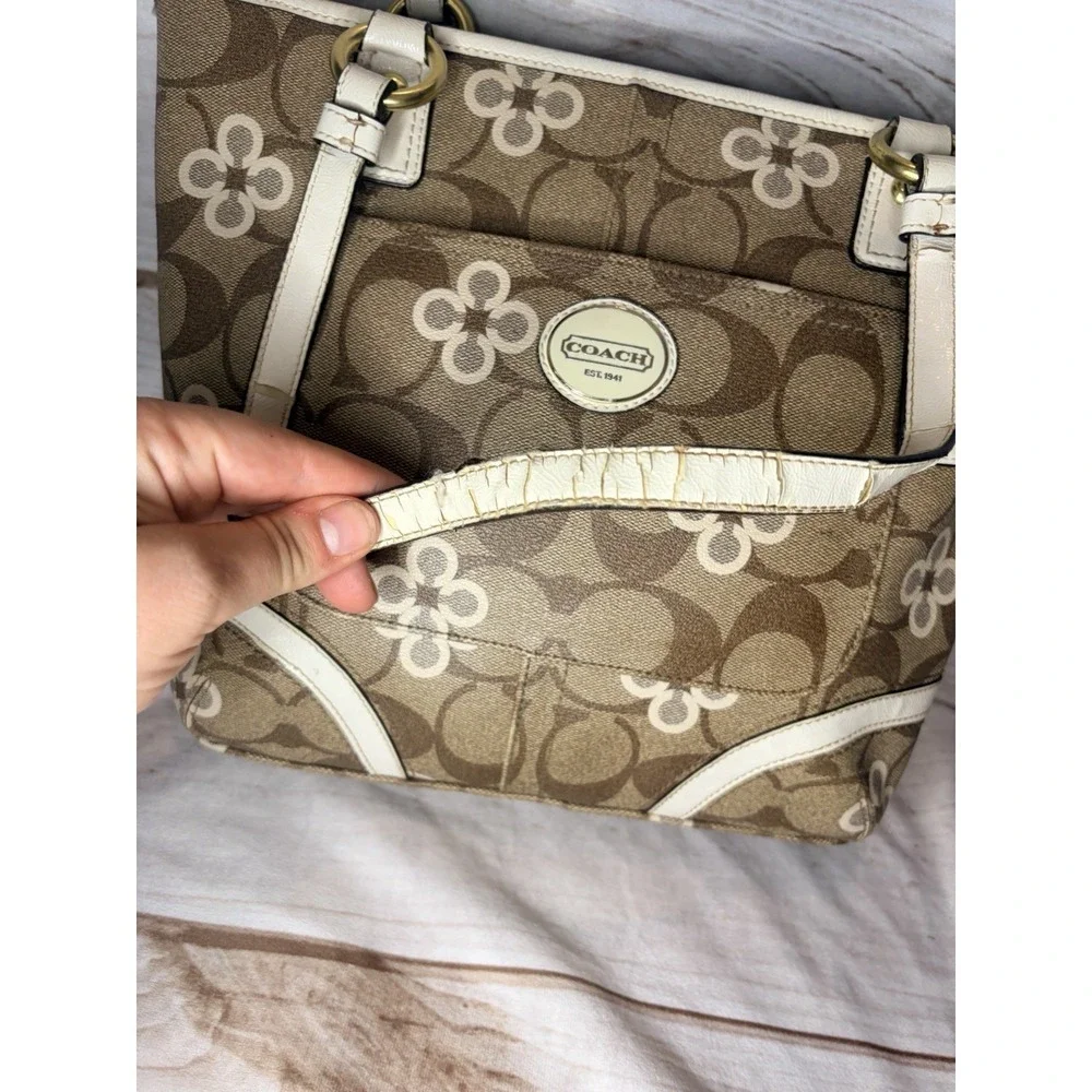 Coach Signature Floral Clover Tote Bag Khaki Ivory Canvas Leather Trim